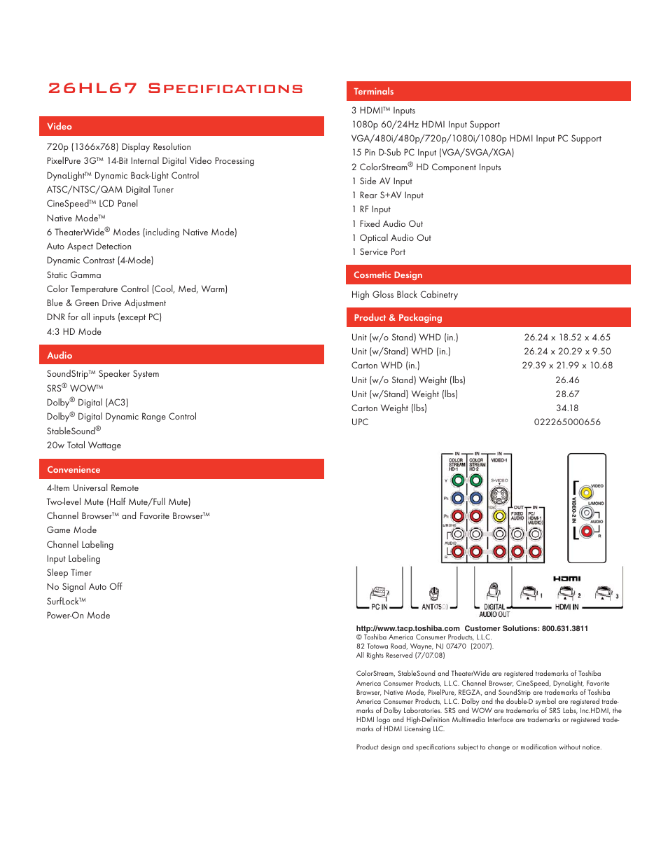 26hl67 specifications | Toshiba 26HL67 User Manual | Page 2 / 2