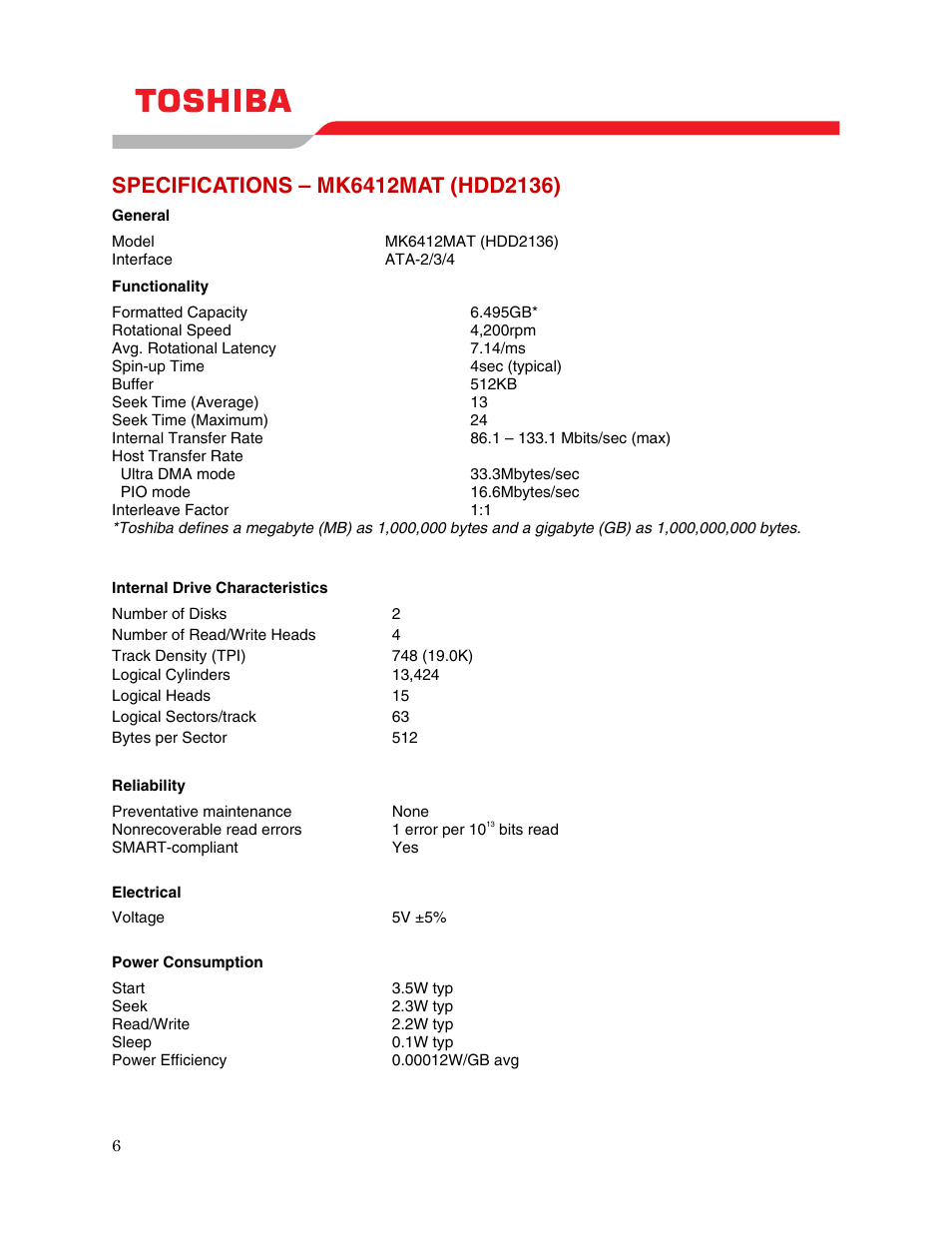Specifications – mk6412mat (hdd2136) | Toshiba HDD2136 User Manual | Page 8 / 11