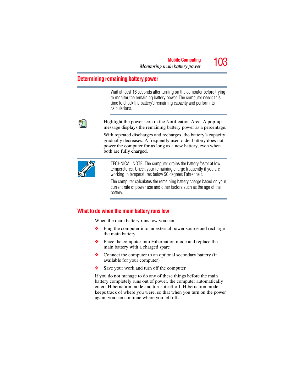 Determining remaining battery power, What to do when the main battery runs low | Toshiba X205 User Manual | Page 103 / 233