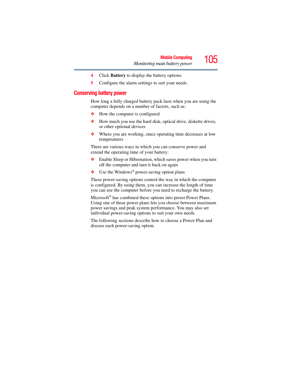 Conserving battery power | Toshiba X205 User Manual | Page 105 / 233