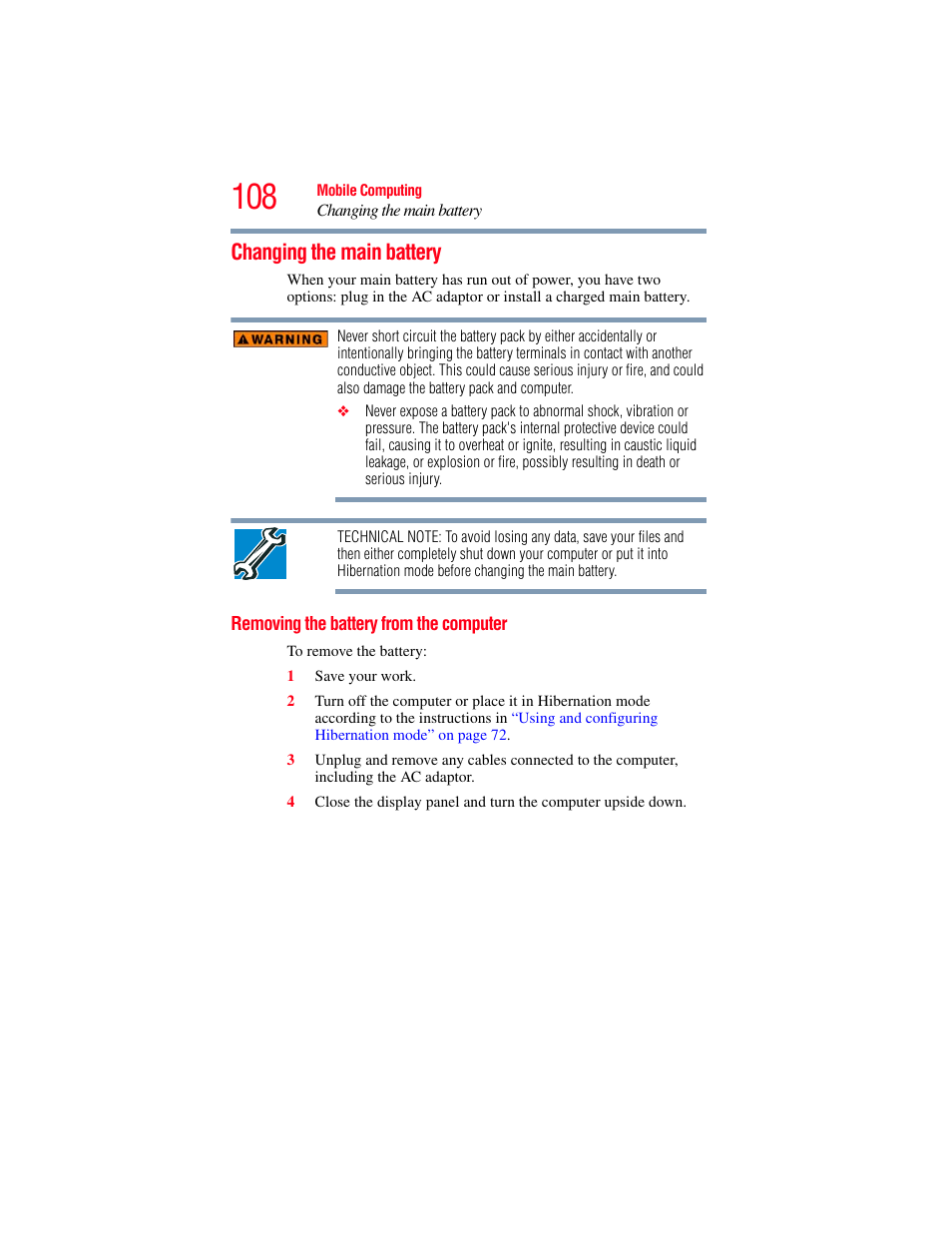 Changing the main battery, Removing the battery from the computer | Toshiba X205 User Manual | Page 108 / 233