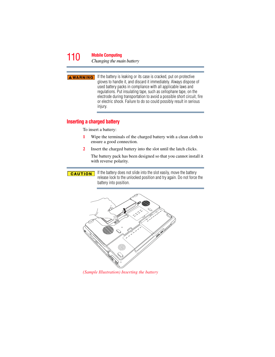 Inserting a charged battery | Toshiba X205 User Manual | Page 110 / 233