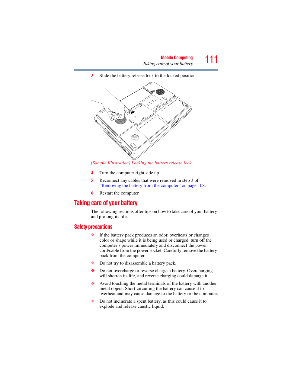 Taking care of your battery, Safety precautions | Toshiba X205 User Manual | Page 111 / 233