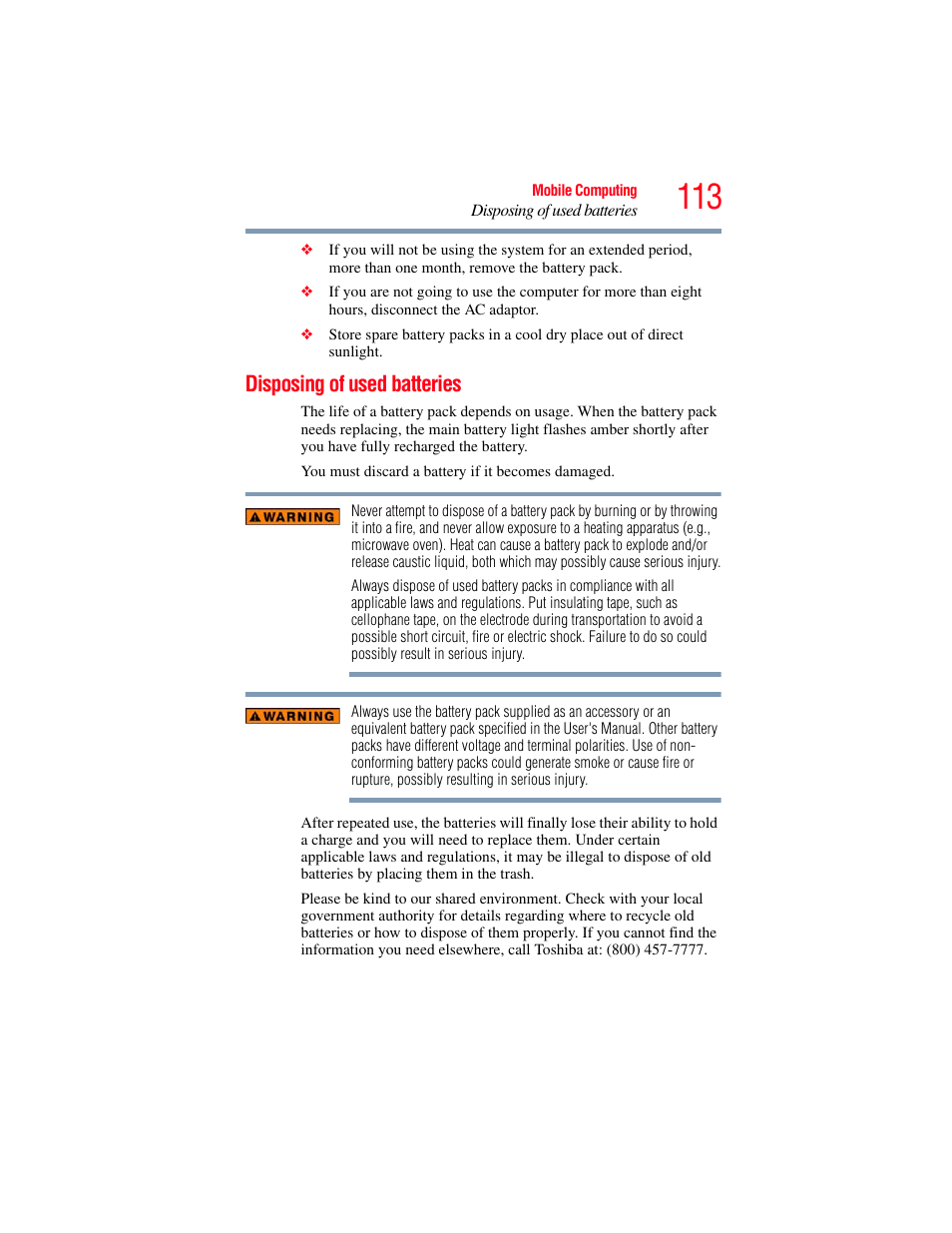 Disposing of used batteries | Toshiba X205 User Manual | Page 113 / 233