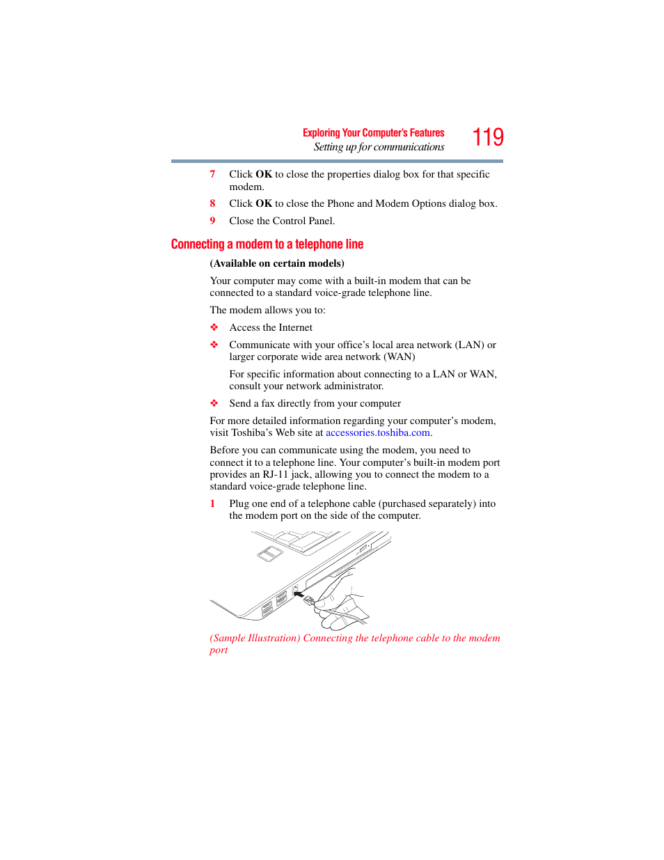 Connecting a modem to a telephone line | Toshiba X205 User Manual | Page 119 / 233