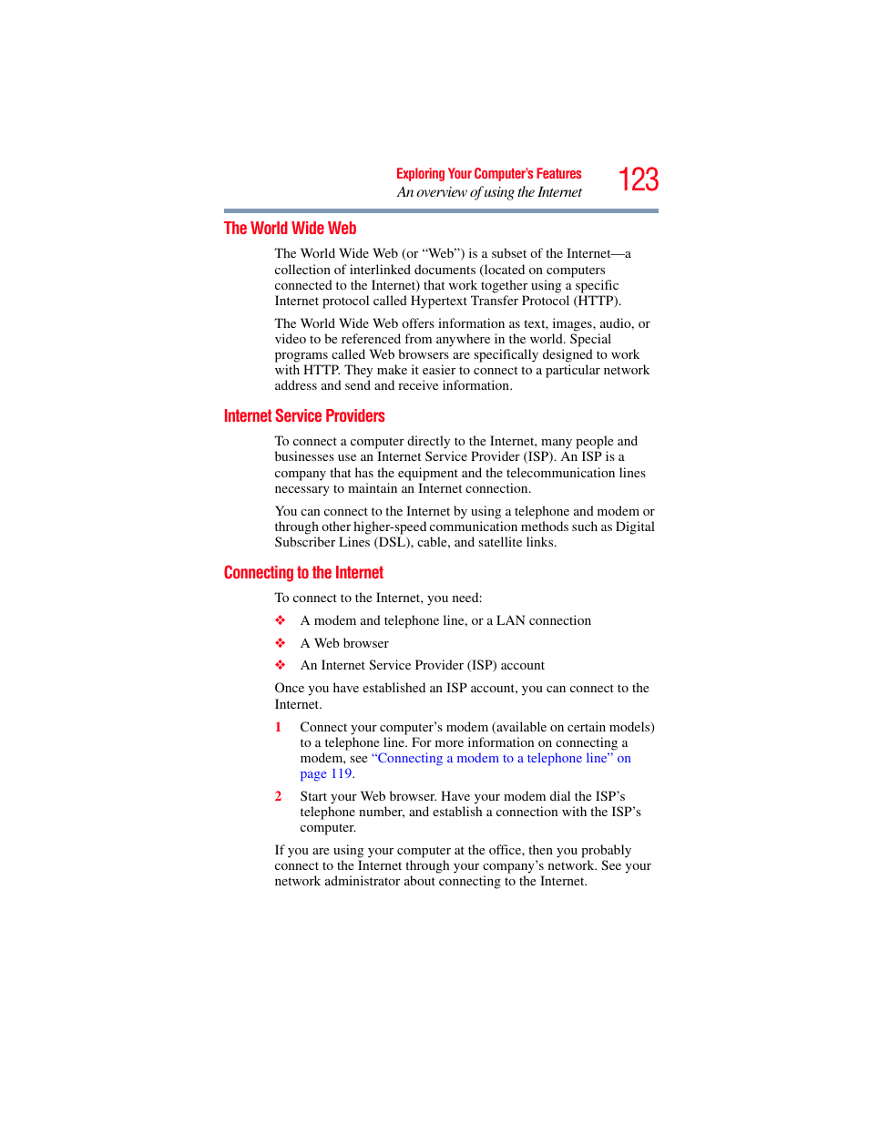 The world wide web, Internet service providers, Connecting to the internet | Toshiba X205 User Manual | Page 123 / 233