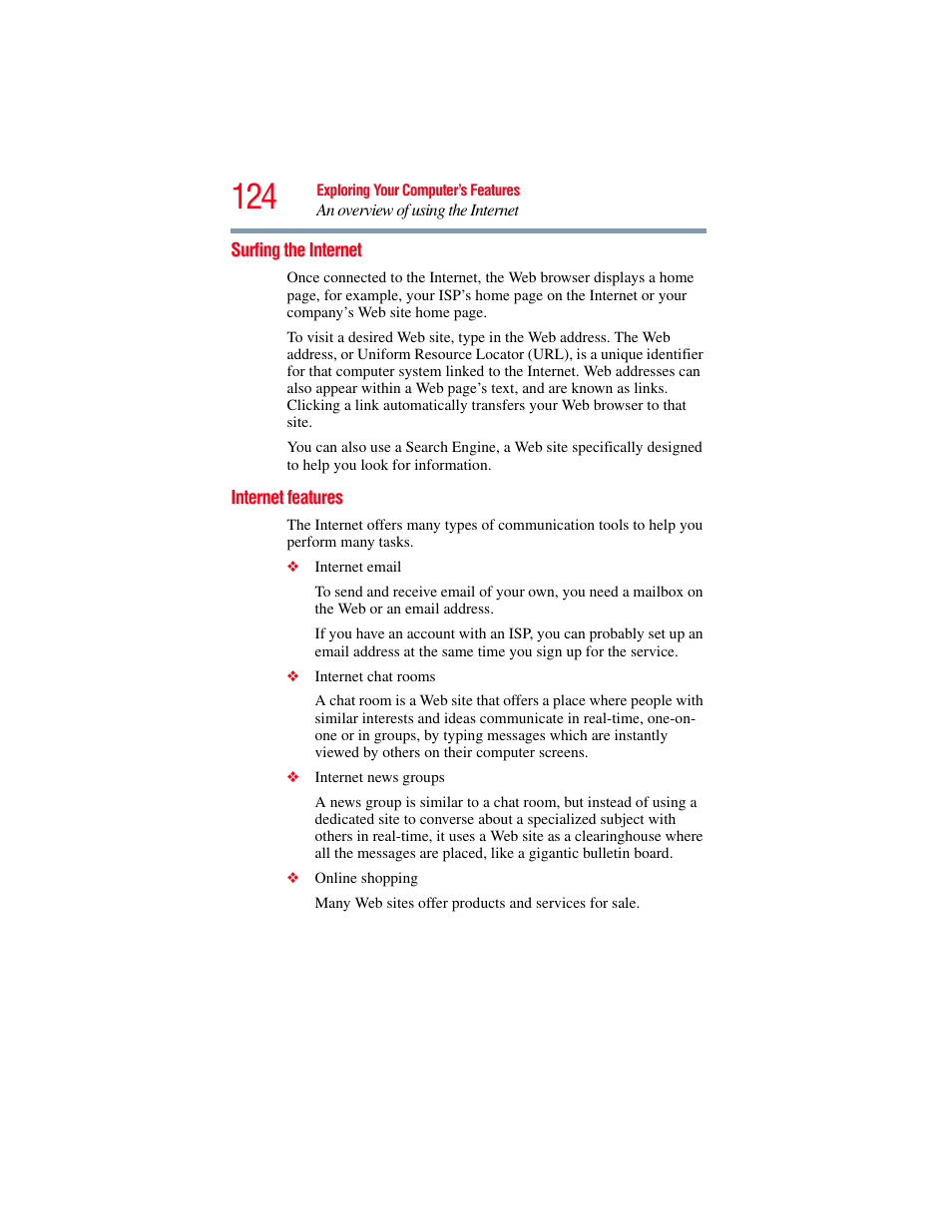 Surfing the internet, Internet features, Surfing the internet internet features | Toshiba X205 User Manual | Page 124 / 233