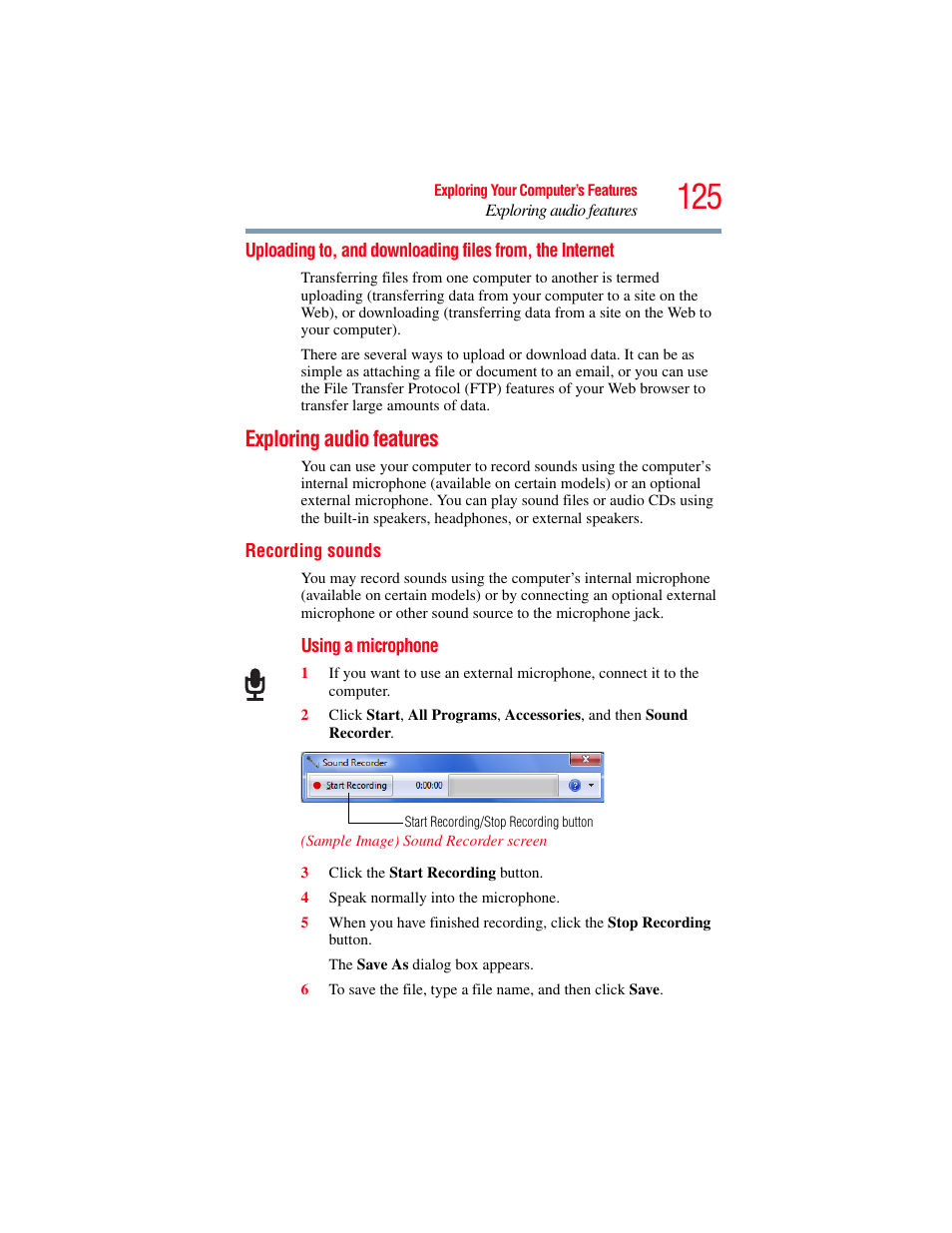 Exploring audio features, Recording sounds, Uploading to, and downloading files from | The internet | Toshiba X205 User Manual | Page 125 / 233