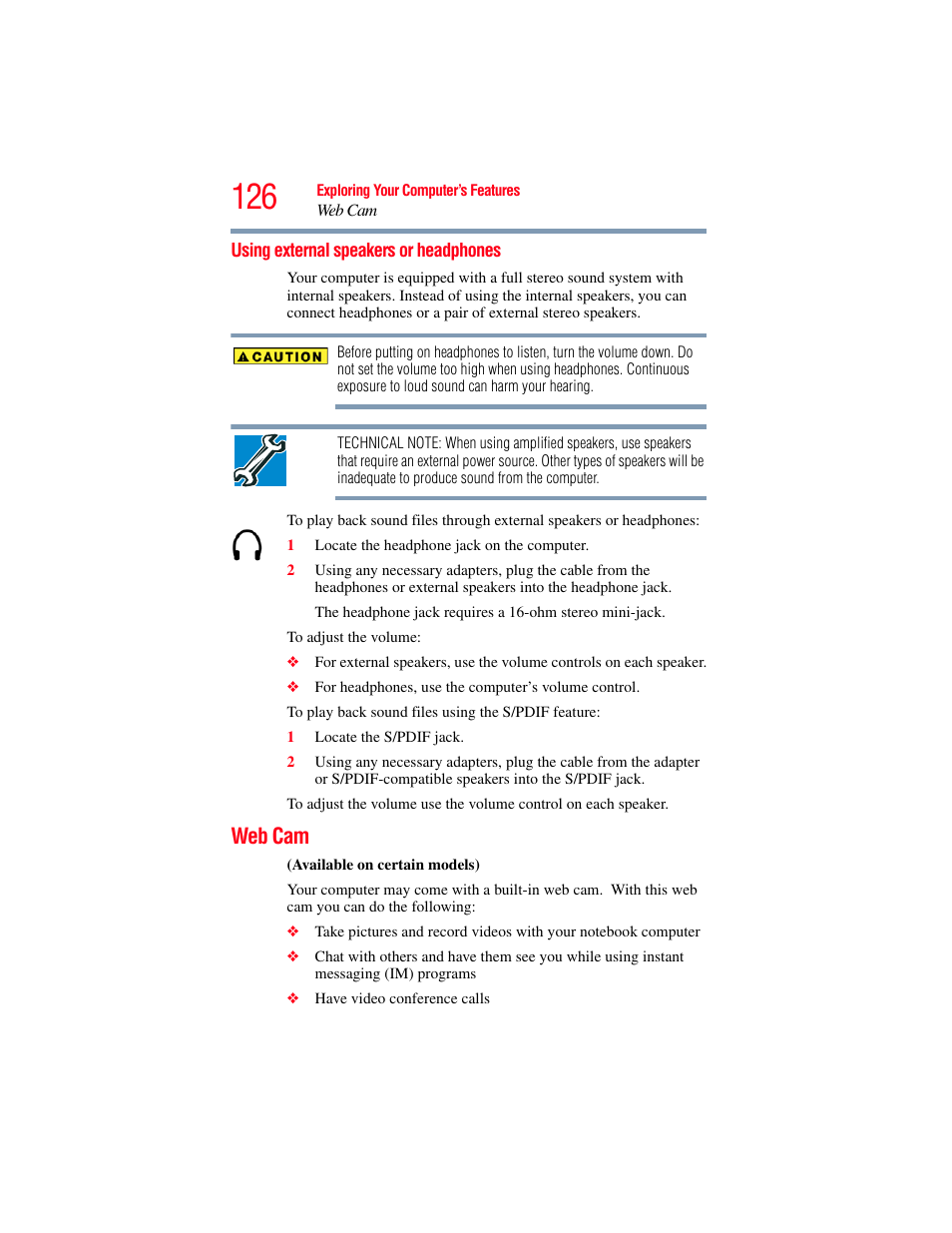 Using external speakers or headphones, Web cam | Toshiba X205 User Manual | Page 126 / 233