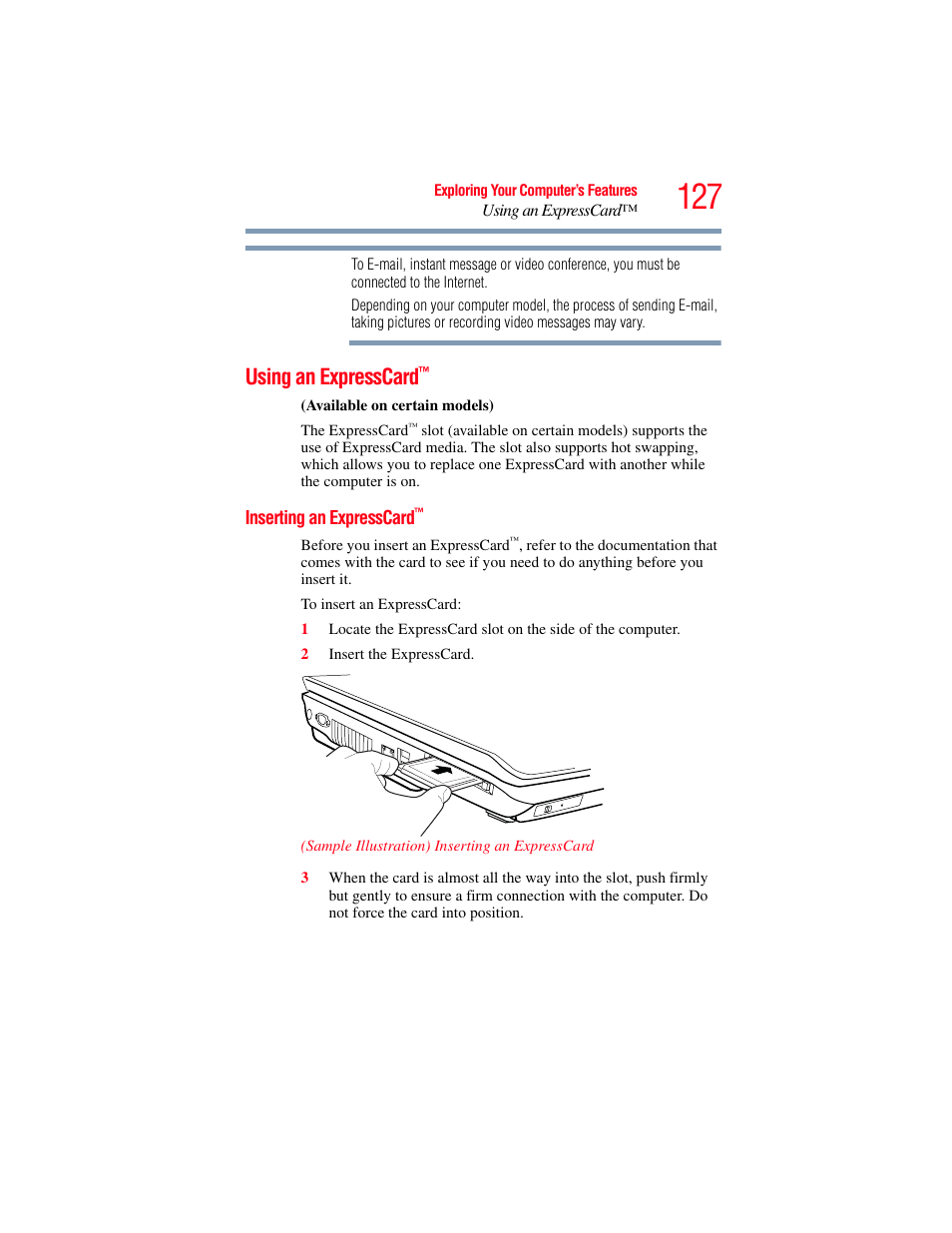 Using an expresscard, Inserting an expresscard, Using an expresscard™” on | Toshiba X205 User Manual | Page 127 / 233