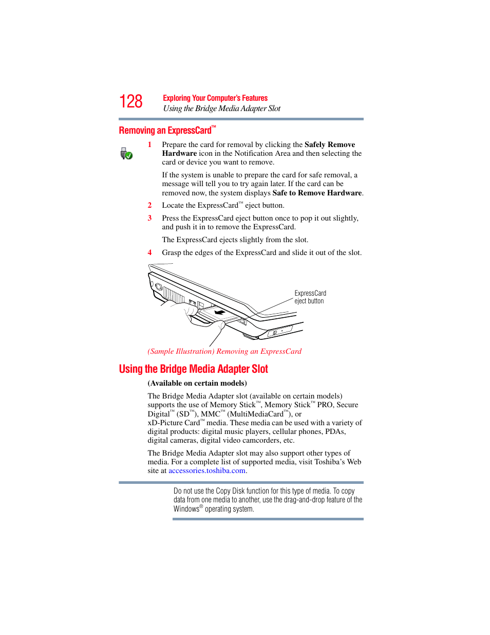 Removing an expresscard, Using the bridge media adapter slot | Toshiba X205 User Manual | Page 128 / 233