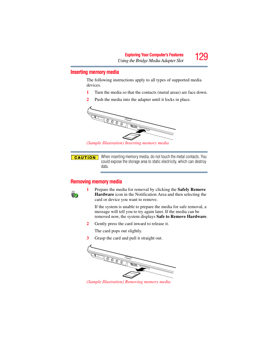 Inserting memory media, Removing memory media, Inserting memory media removing memory media | Toshiba X205 User Manual | Page 129 / 233