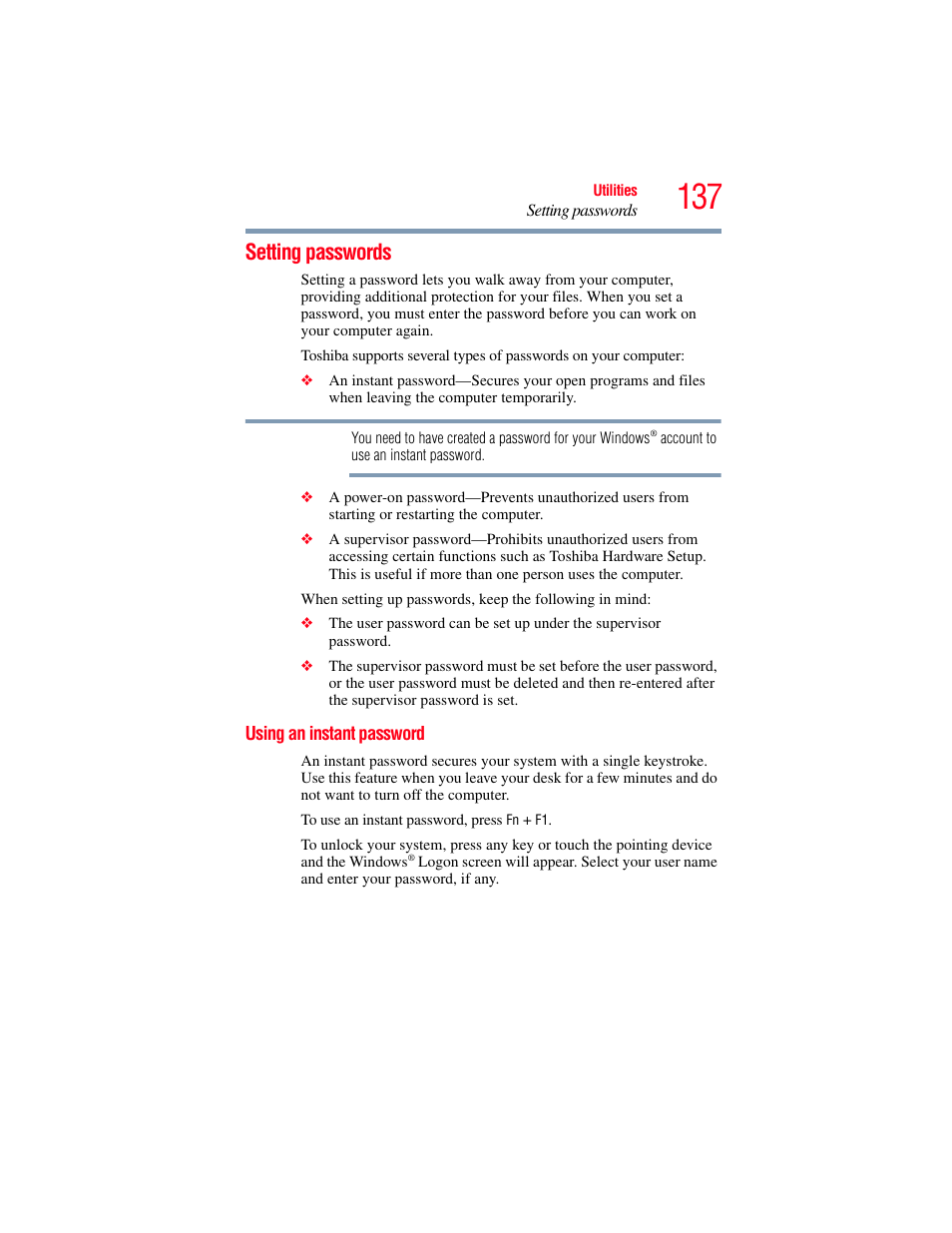 Setting passwords, Using an instant password | Toshiba X205 User Manual | Page 137 / 233