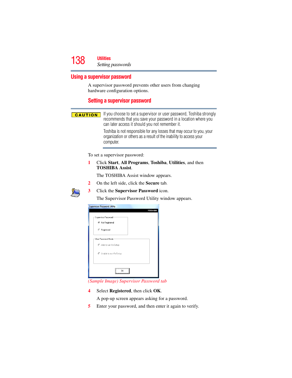 Using a supervisor password, Supervisor password | Toshiba X205 User Manual | Page 138 / 233