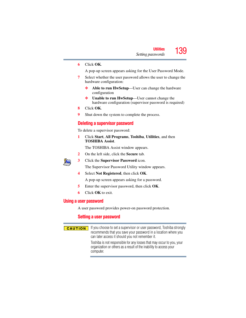 Using a user password, User password | Toshiba X205 User Manual | Page 139 / 233