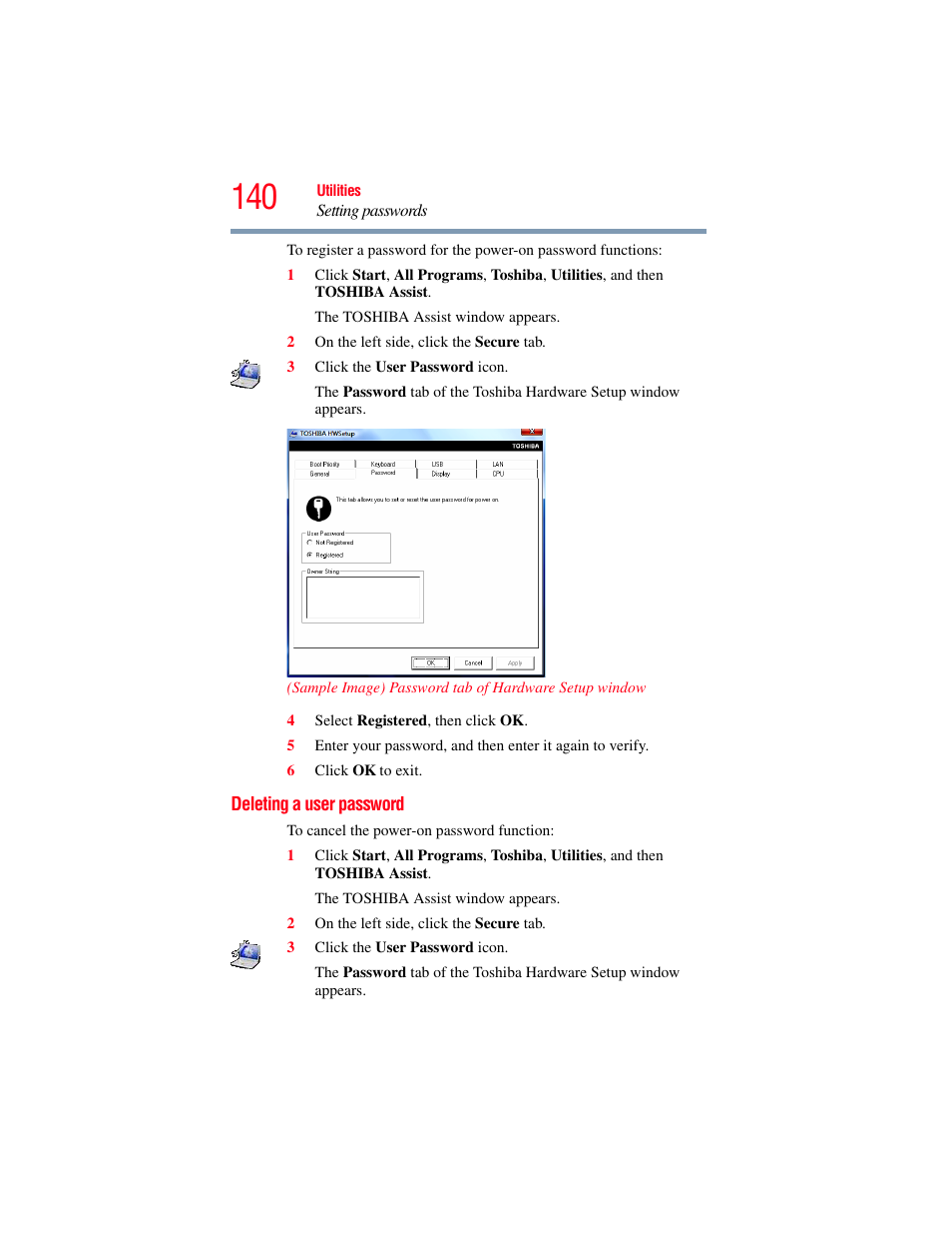 Deleting a user password | Toshiba X205 User Manual | Page 140 / 233