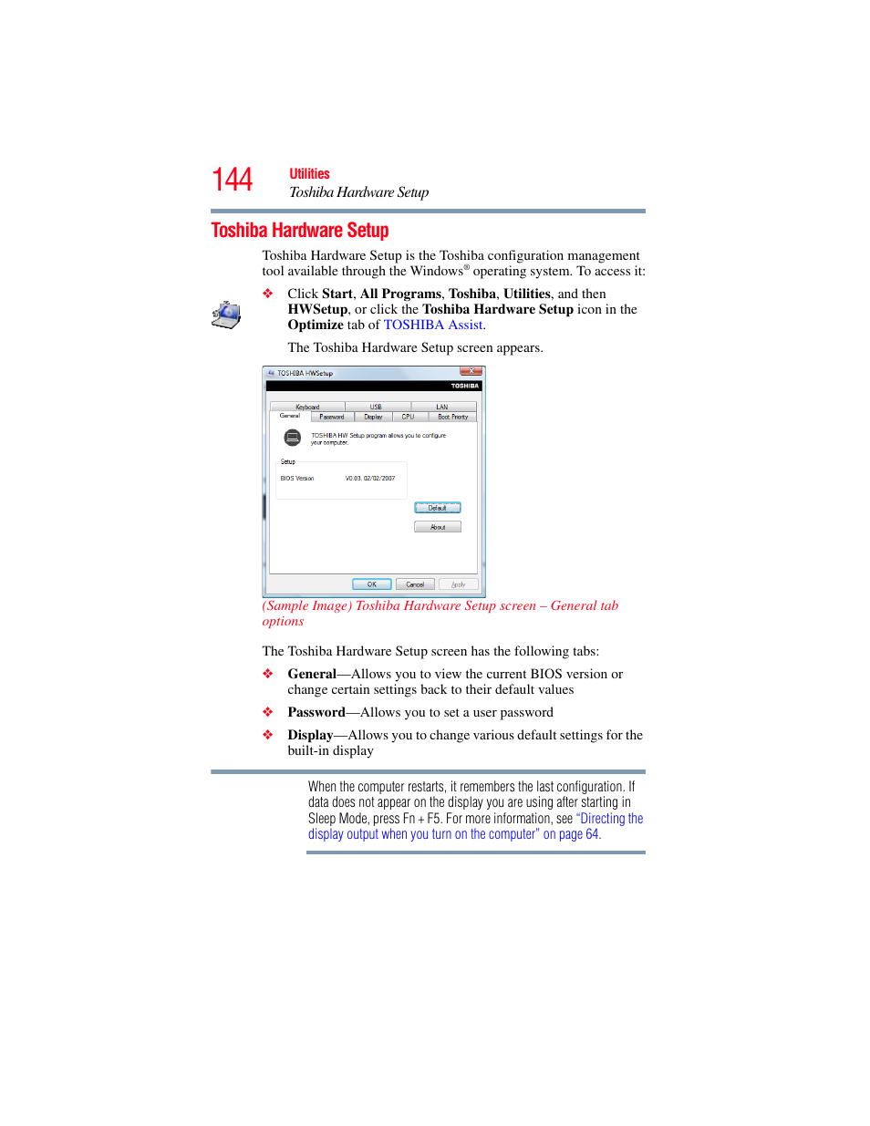 Toshiba hardware setup | Toshiba X205 User Manual | Page 144 / 233