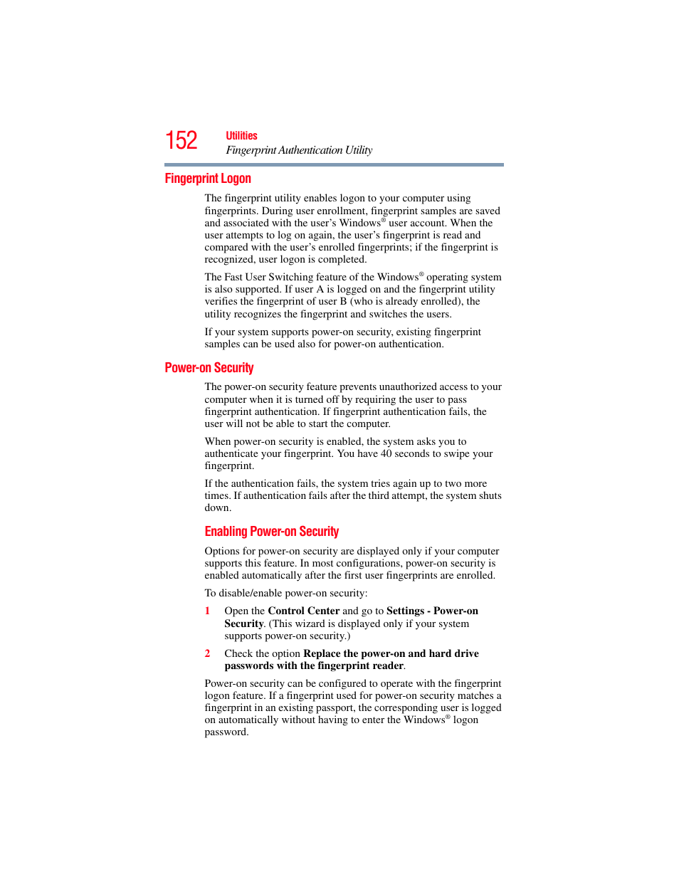 Fingerprint logon, Power-on security, Fingerprint logon power-on security | Toshiba X205 User Manual | Page 152 / 233
