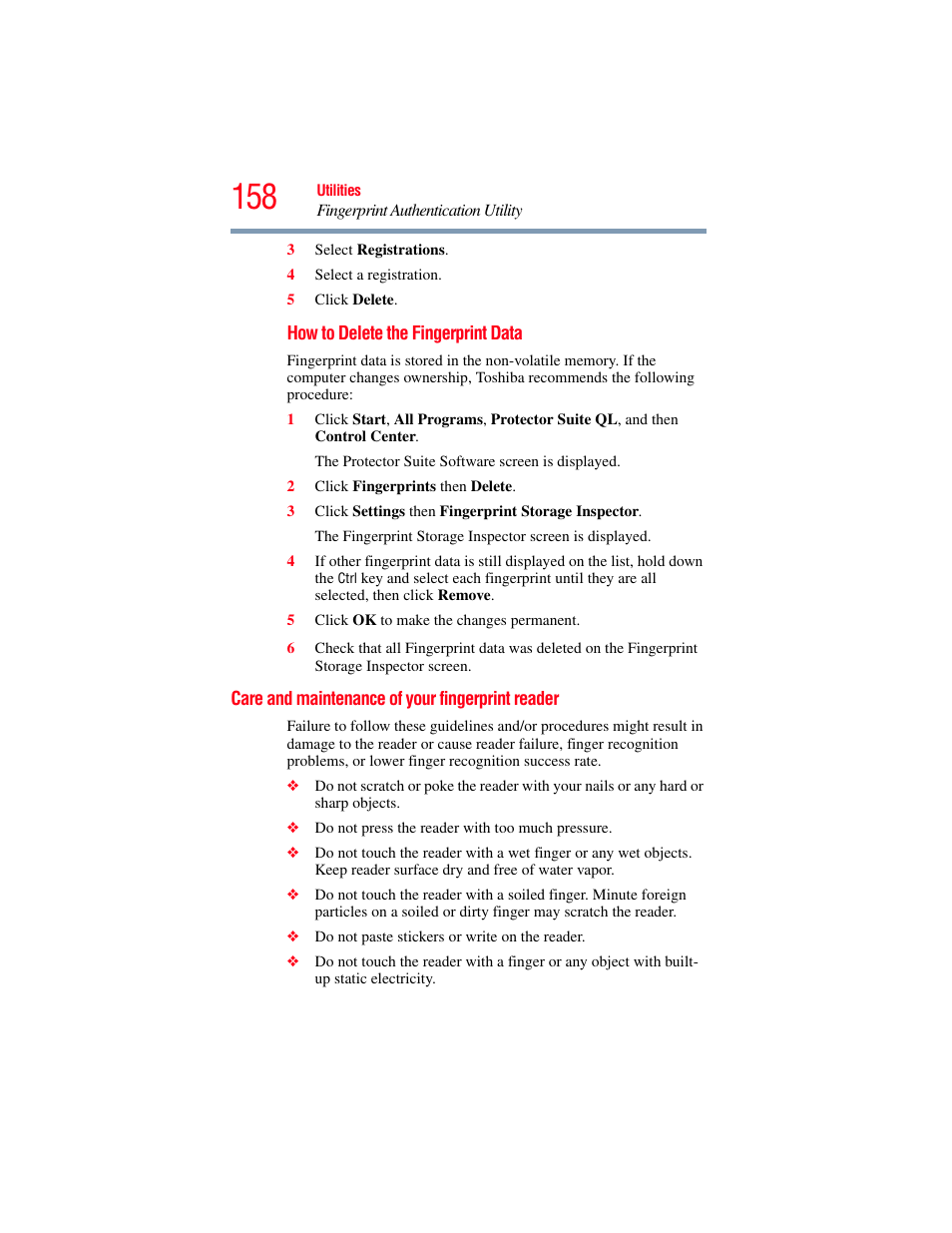Care and maintenance of your fingerprint reader, Care and maintenance of your fingerprint, Reader | Toshiba X205 User Manual | Page 158 / 233