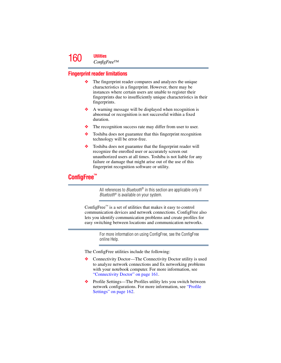 Fingerprint reader limitations, Configfree | Toshiba X205 User Manual | Page 160 / 233