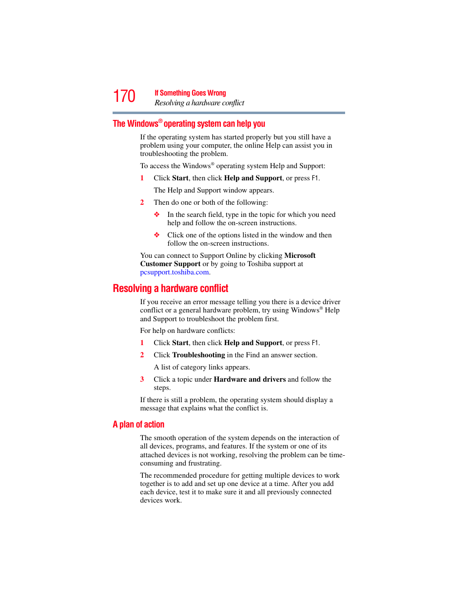 The windows® operating system can help you, Resolving a hardware conflict, A plan of action | The windows, Vice and, Resolving a hardware conflict” on | Toshiba X205 User Manual | Page 170 / 233