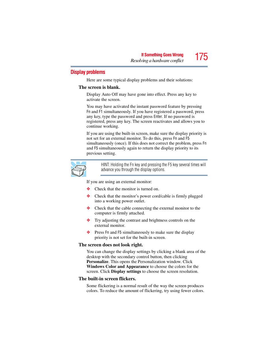 Display problems | Toshiba X205 User Manual | Page 175 / 233