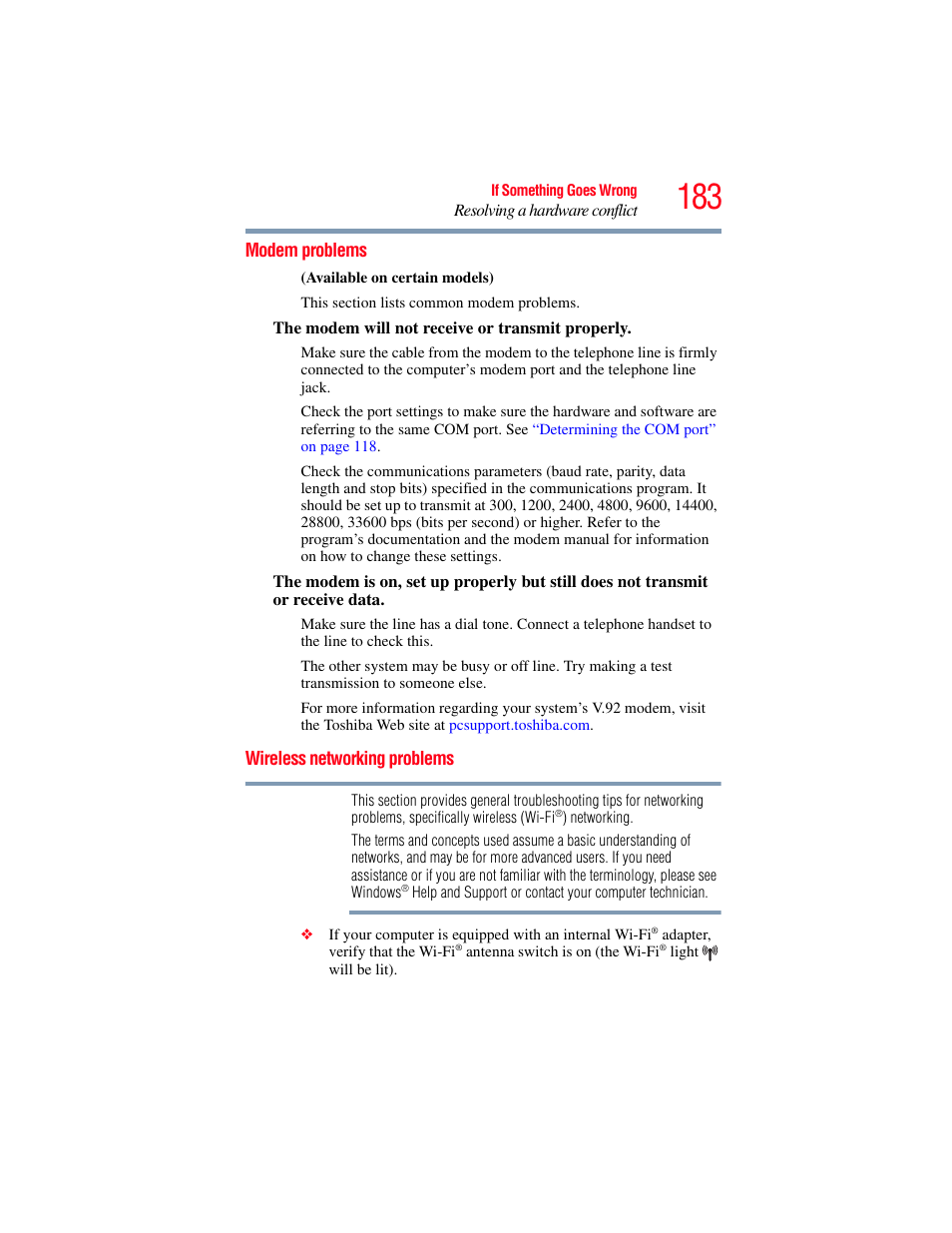Modem problems, Wireless networking problems, Modem problems wireless networking problems | Wireless | Toshiba X205 User Manual | Page 183 / 233
