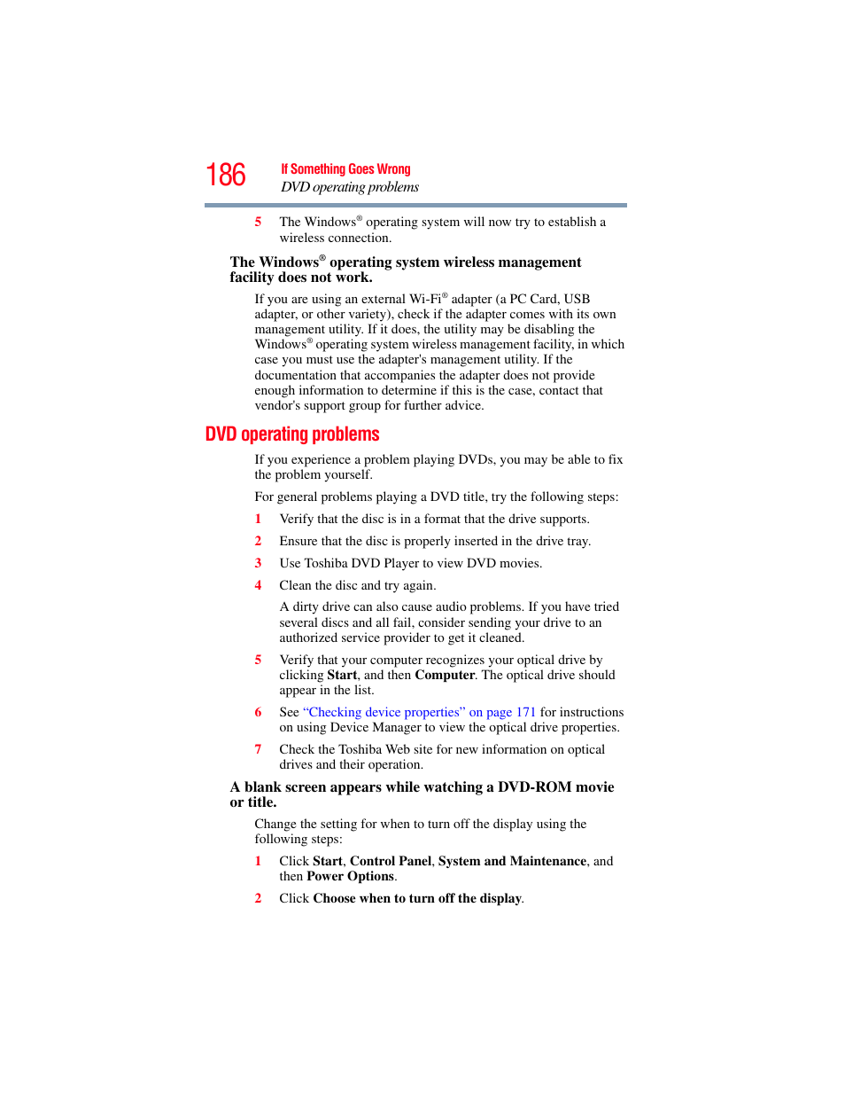 Dvd operating problems | Toshiba X205 User Manual | Page 186 / 233