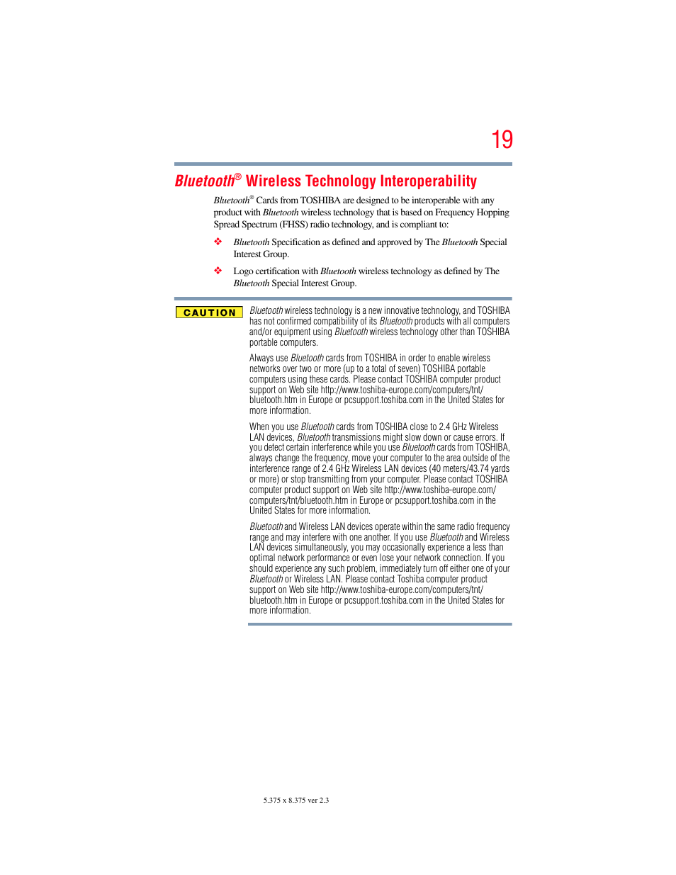 Bluetooth, Wireless technology interoperability | Toshiba X205 User Manual | Page 19 / 233