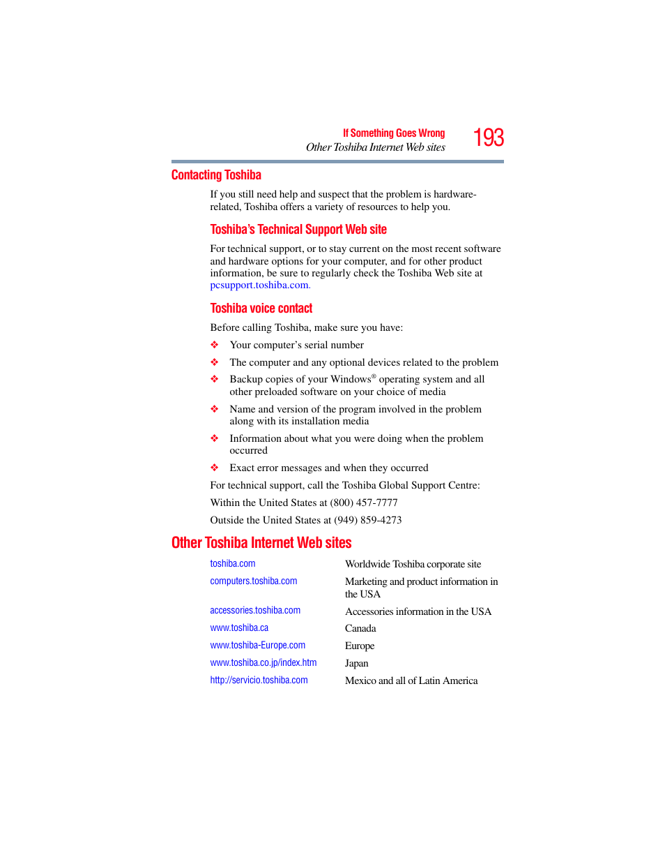 Contacting toshiba, Other toshiba internet web sites | Toshiba X205 User Manual | Page 193 / 233
