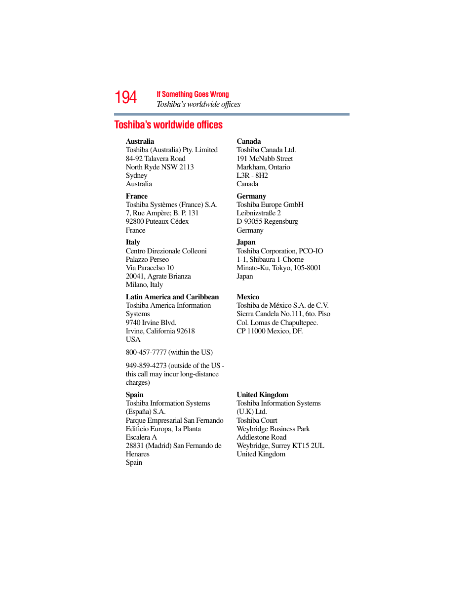Toshiba’s worldwide offices | Toshiba X205 User Manual | Page 194 / 233