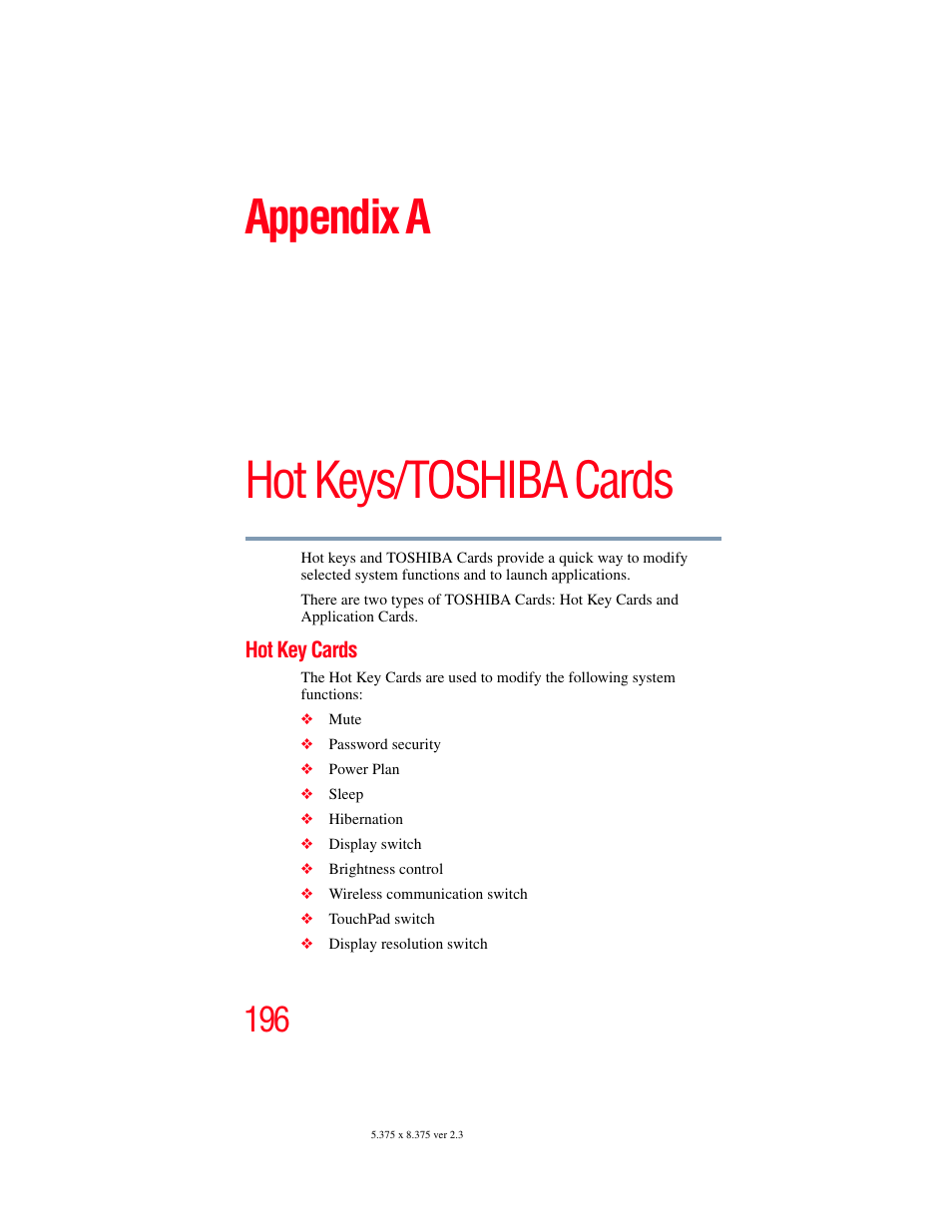 Appendix a: hot keys/toshiba cards, Hot key cards, Hot keys/toshiba cards | Appendix a | Toshiba X205 User Manual | Page 196 / 233