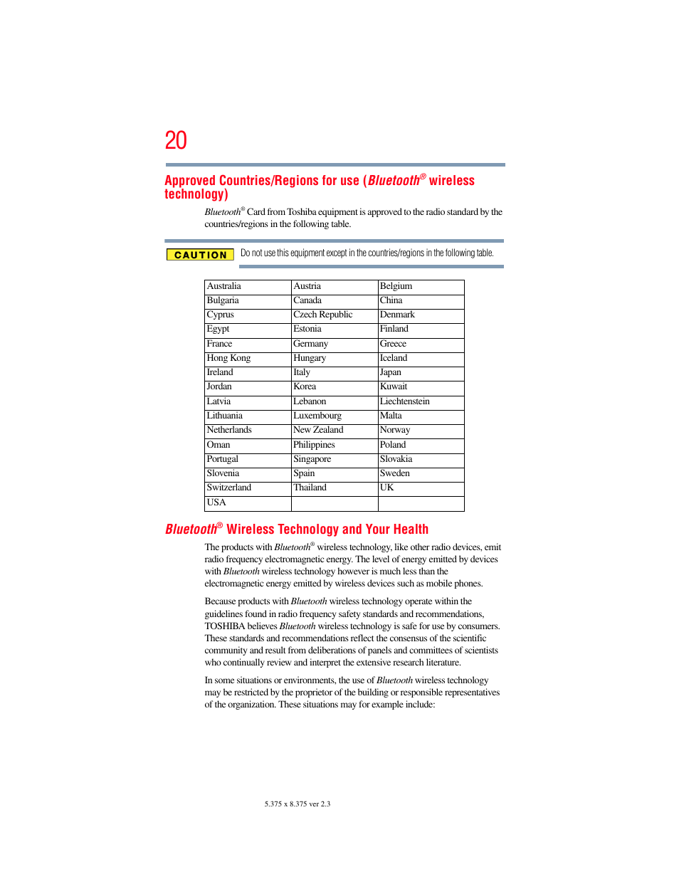 Approved countries/regions for use ( bluetooth, Wireless technology), Bluetooth | Wireless technology and your health | Toshiba X205 User Manual | Page 20 / 233