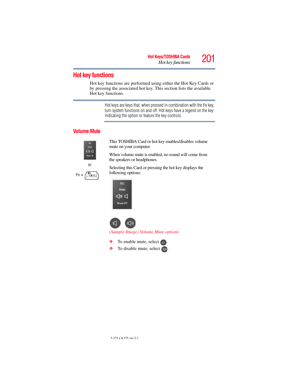 Hot key functions, Volume mute | Toshiba X205 User Manual | Page 201 / 233