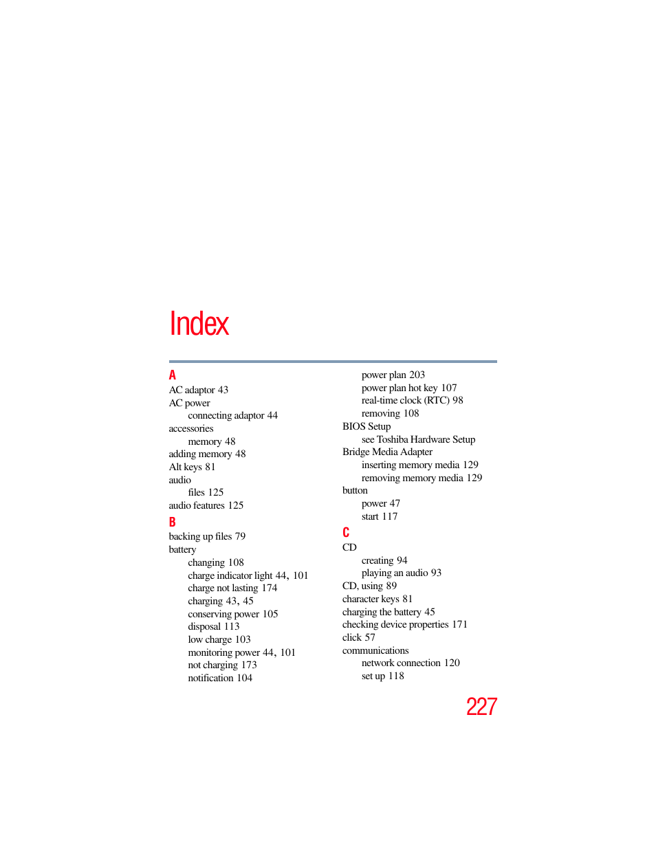 Index | Toshiba X205 User Manual | Page 227 / 233