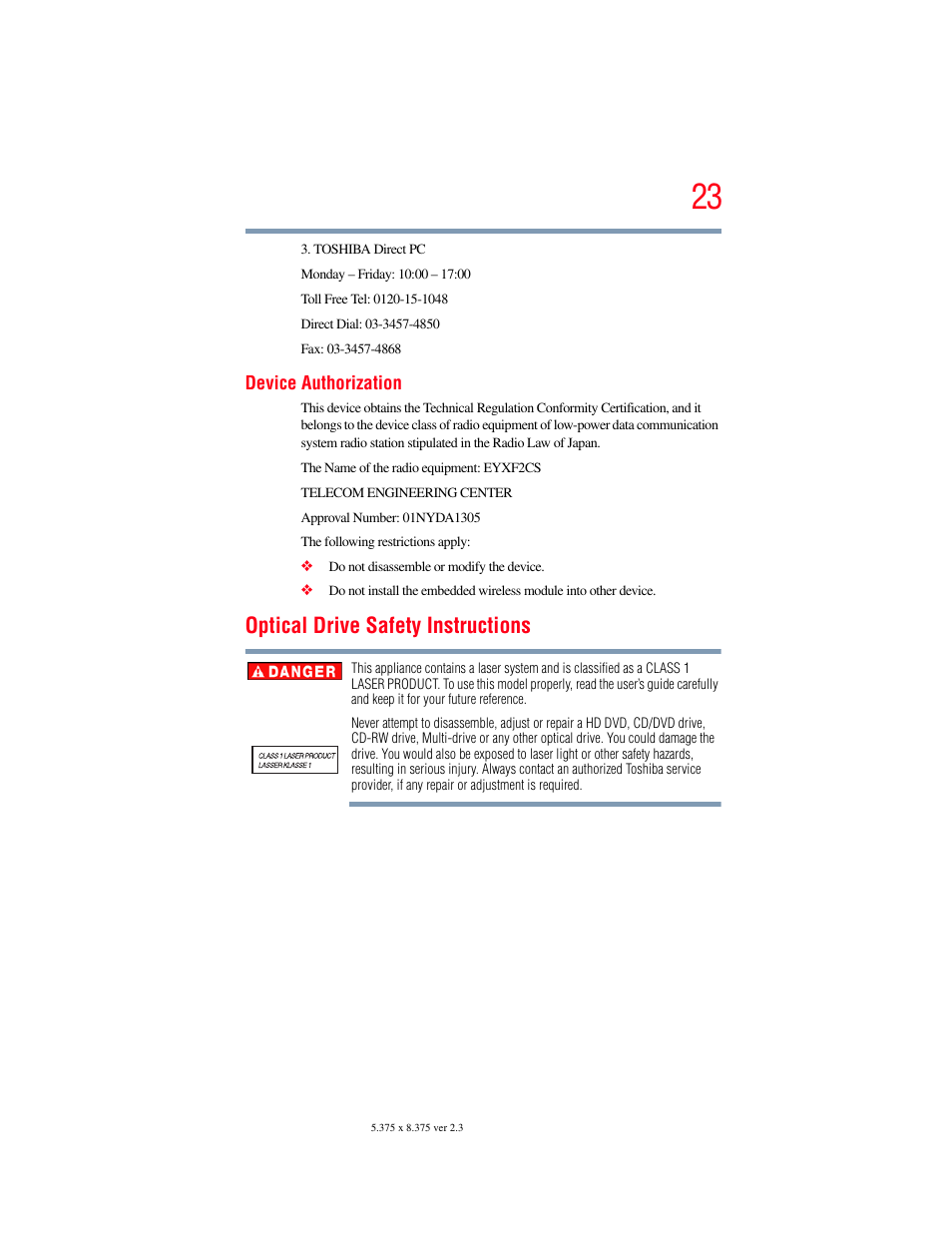 Optical drive safety instructions | Toshiba X205 User Manual | Page 23 / 233