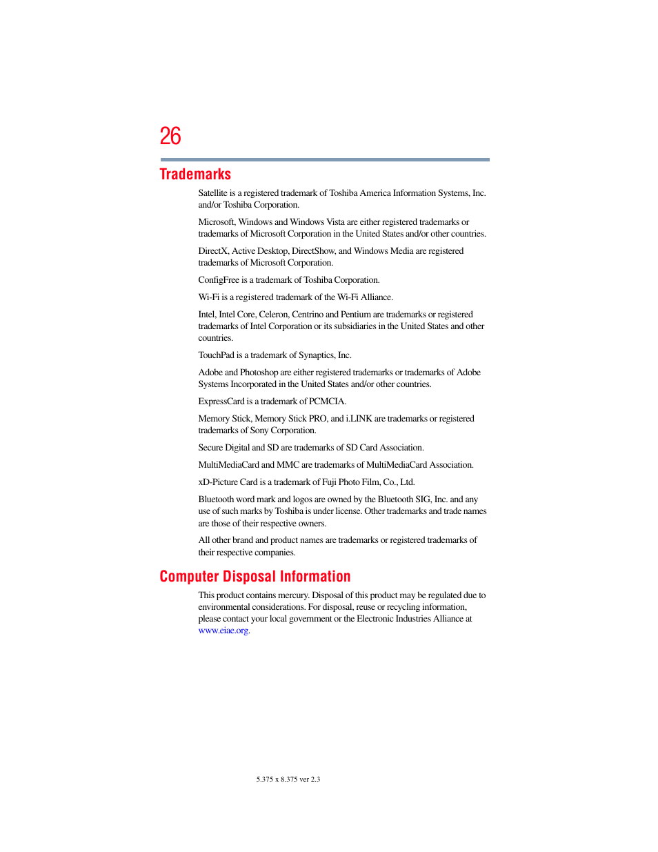 Trademarks, Computer disposal information | Toshiba X205 User Manual | Page 26 / 233