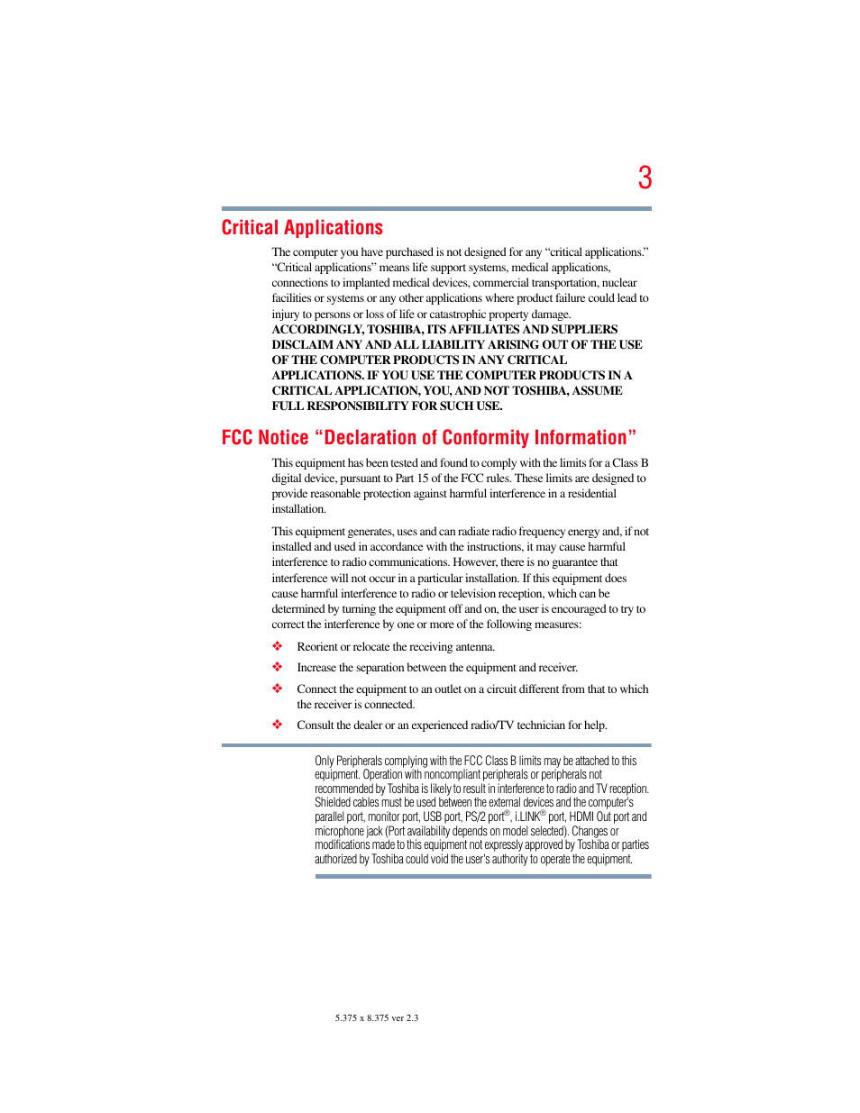 Critical applications, Fcc notice “declaration of conformity information | Toshiba X205 User Manual | Page 3 / 233