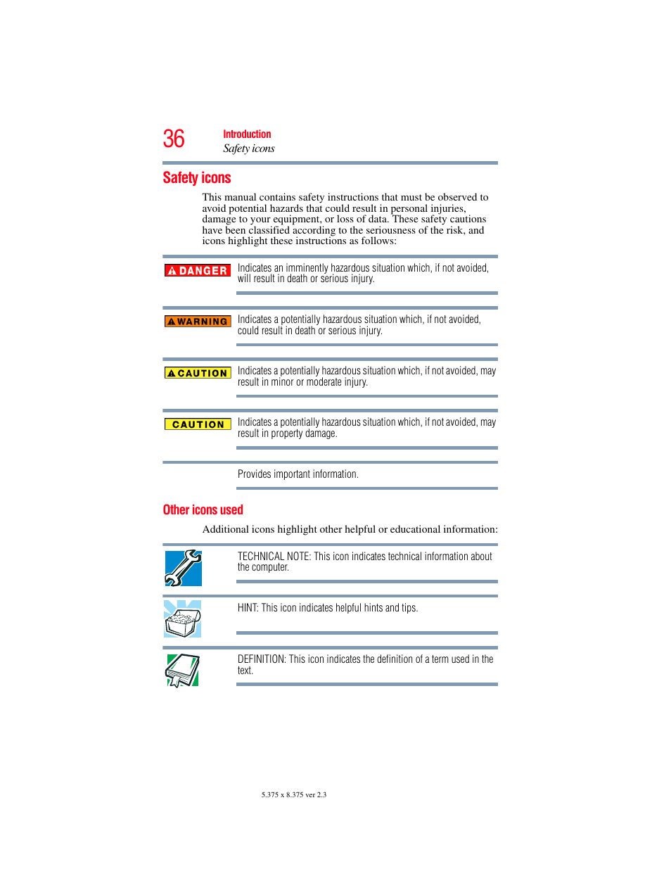 Safety icons, Other icons used | Toshiba X205 User Manual | Page 36 / 233