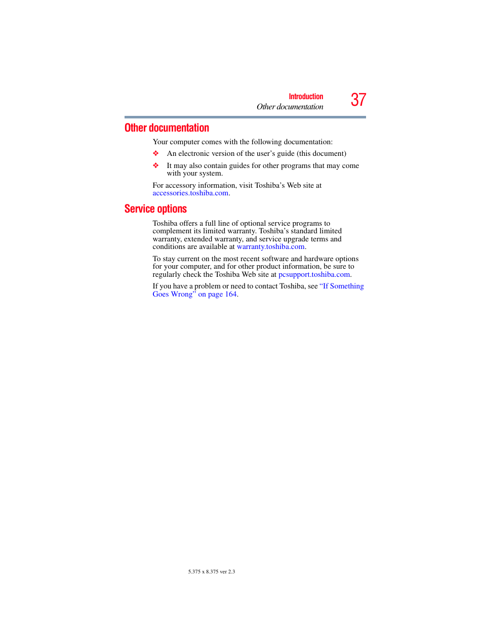 Other documentation, Service options, Other documentation service options | Toshiba X205 User Manual | Page 37 / 233