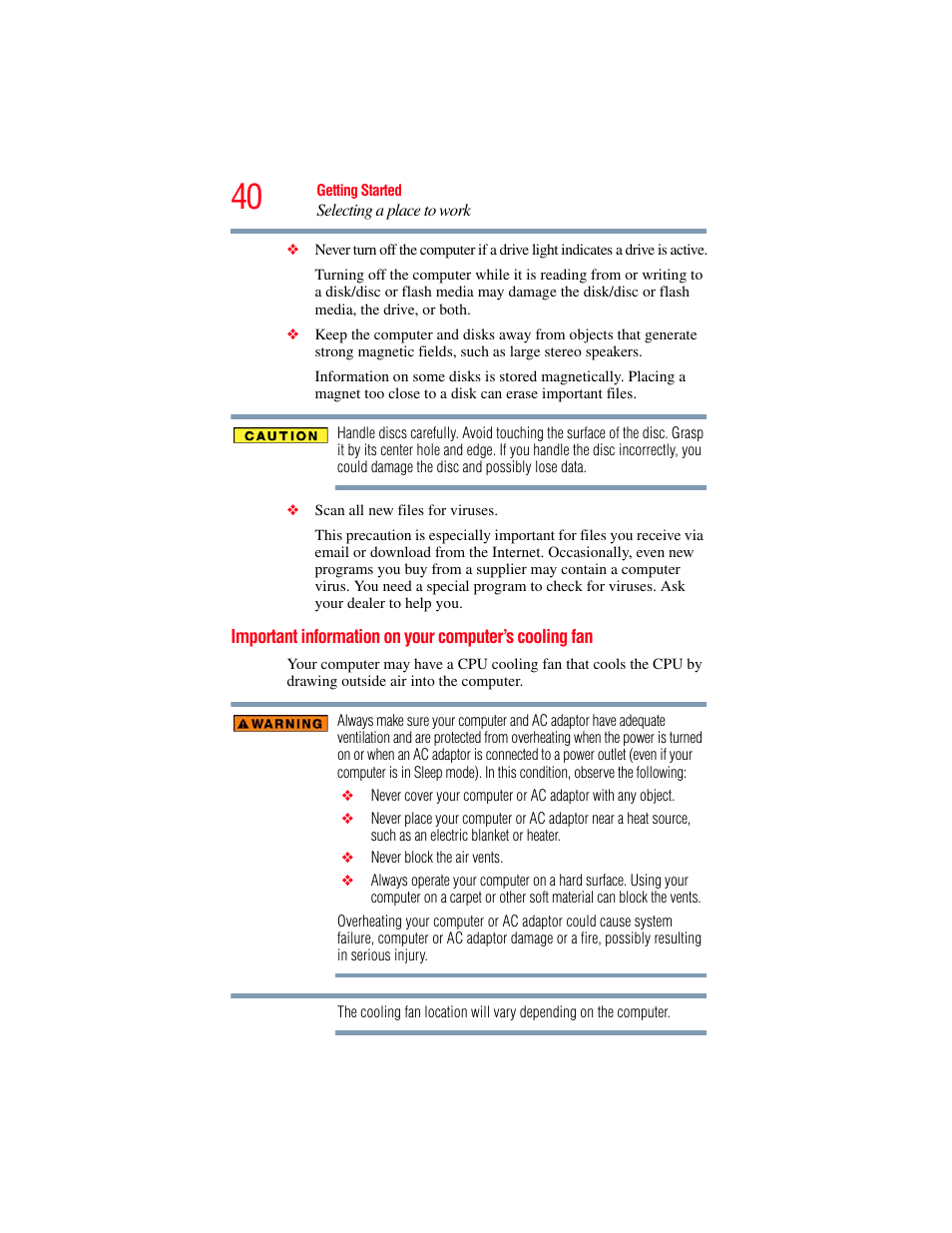 Important information on your computer’s, Cooling fan | Toshiba X205 User Manual | Page 40 / 233