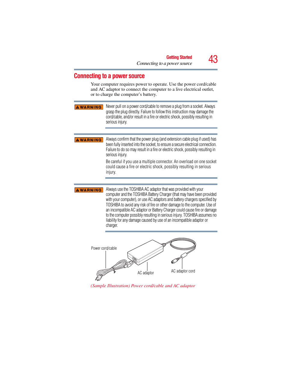 Connecting to a power source | Toshiba X205 User Manual | Page 43 / 233