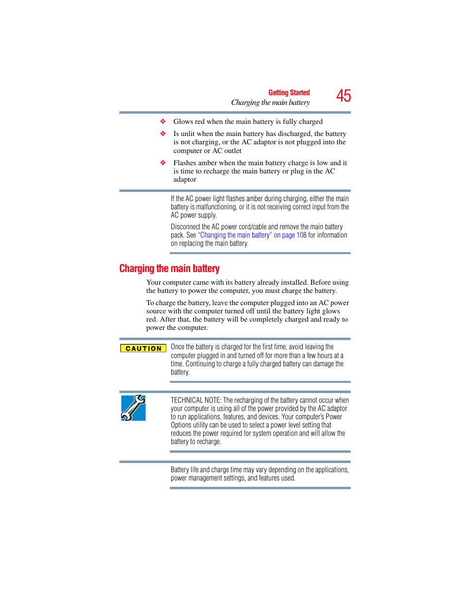 Charging the main battery | Toshiba X205 User Manual | Page 45 / 233