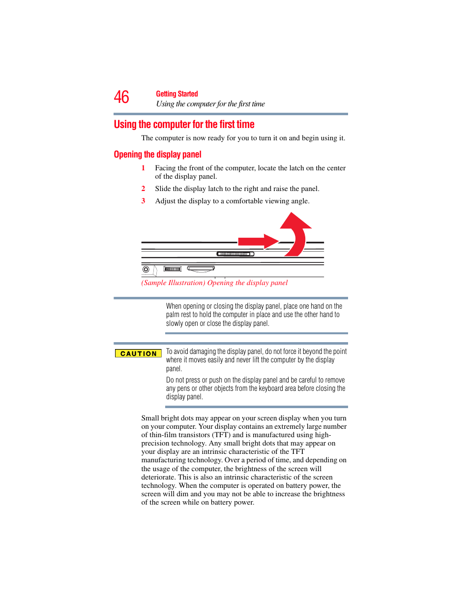 Using the computer for the first time, Opening the display panel | Toshiba X205 User Manual | Page 46 / 233
