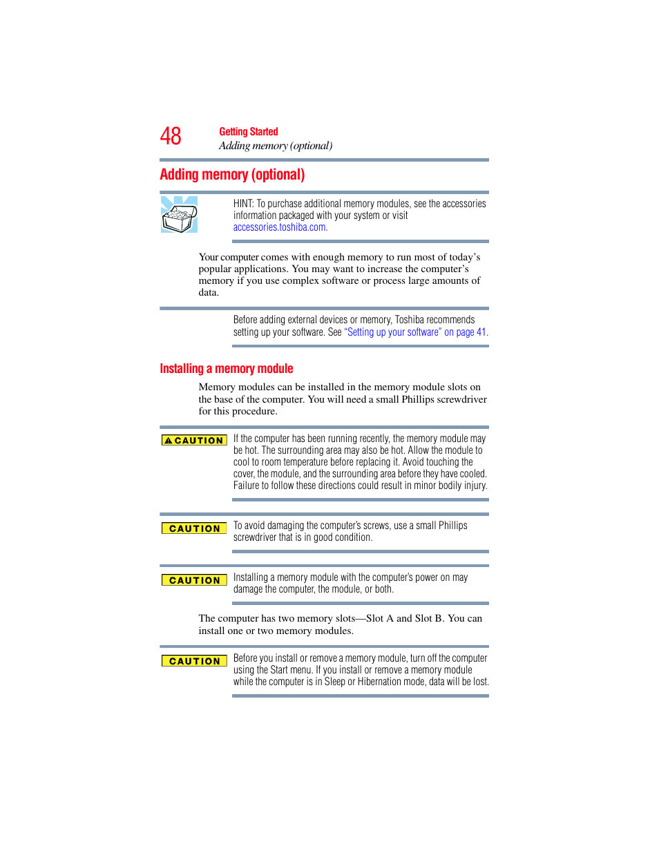 Adding memory (optional), Installing a memory module, Adding memory (optional)” on | Toshiba X205 User Manual | Page 48 / 233