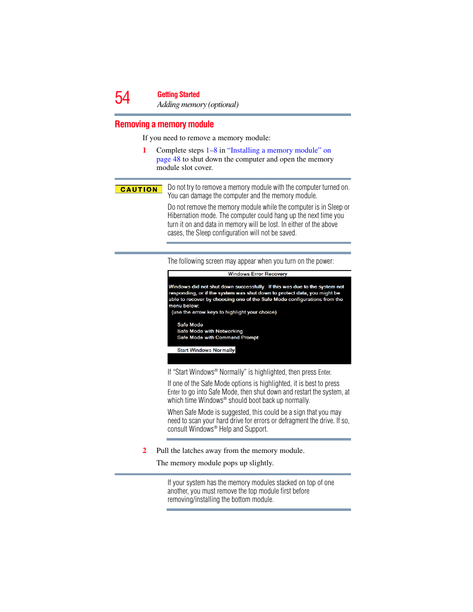 Removing a memory module | Toshiba X205 User Manual | Page 54 / 233