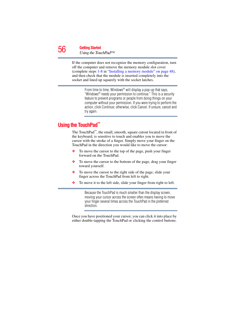 Using the touchpad | Toshiba X205 User Manual | Page 56 / 233