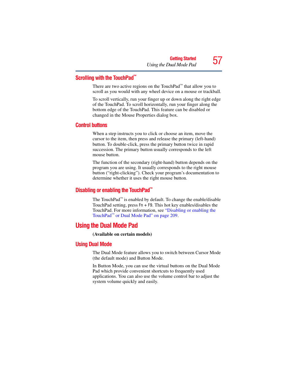 Scrolling with the touchpad, Control buttons, Disabling or enabling the touchpad | Using the dual mode pad, Using dual mode | Toshiba X205 User Manual | Page 57 / 233