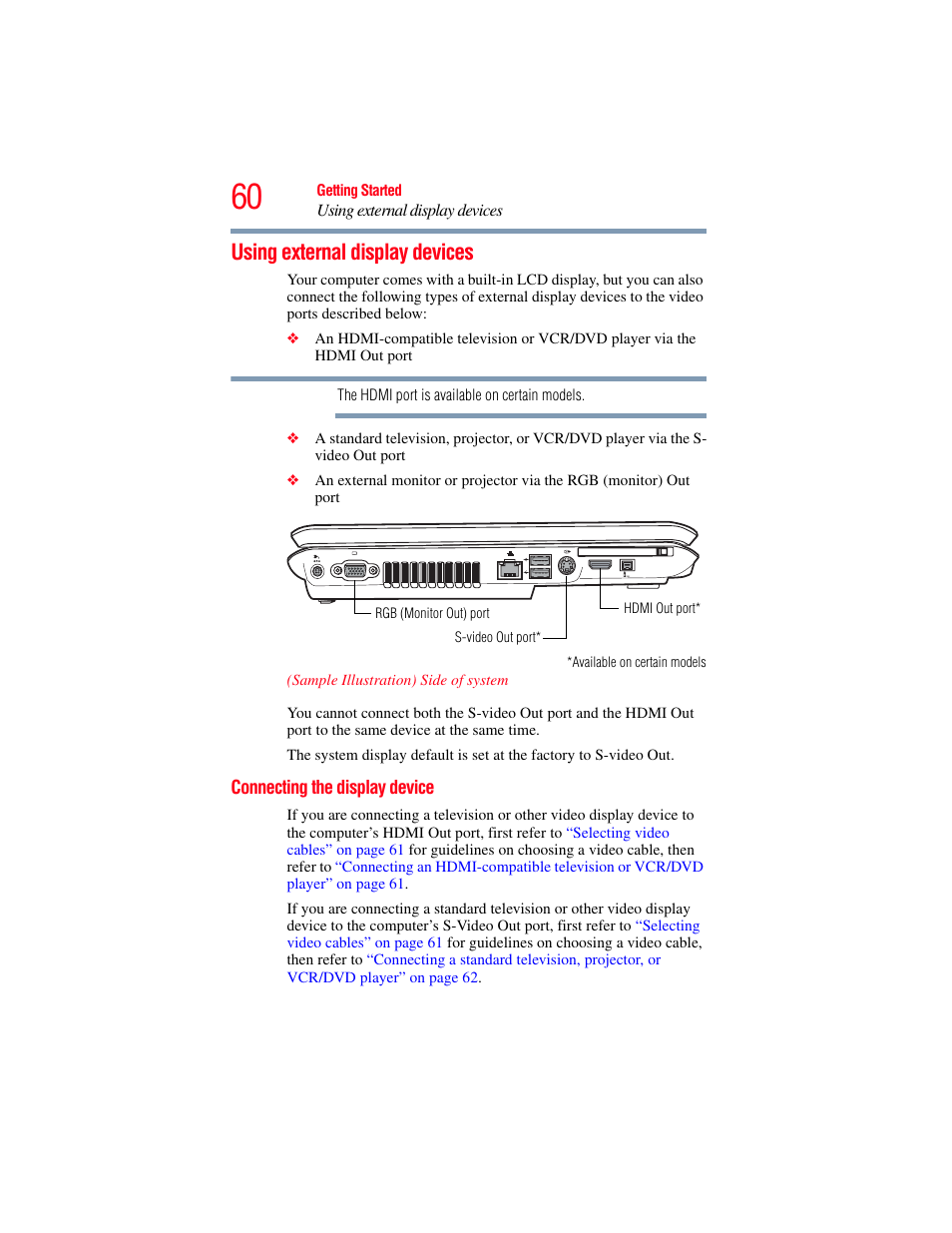 Using external display devices, Connecting the display device, Using external display | Toshiba X205 User Manual | Page 60 / 233