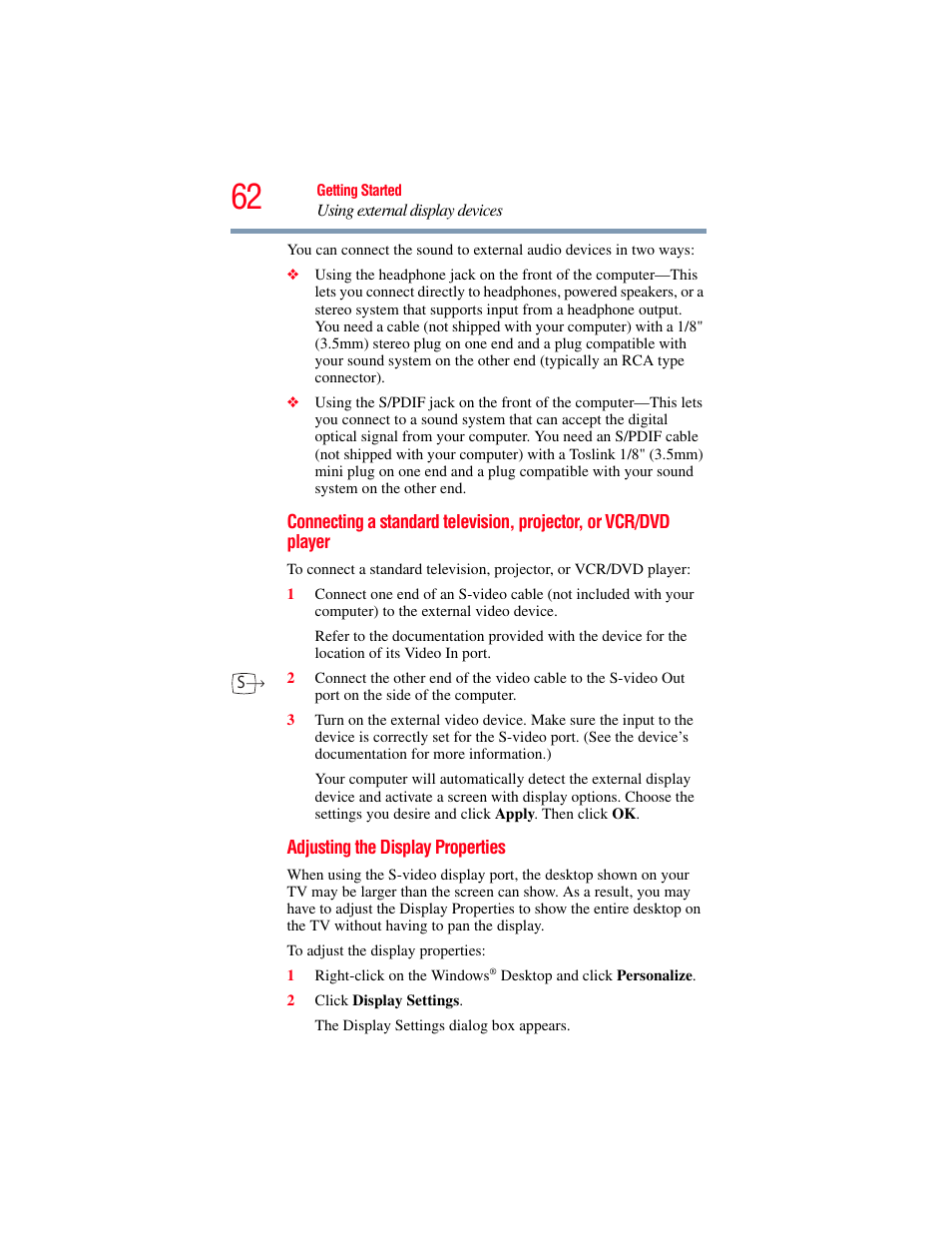 Connecting a standard television, projector, or | Toshiba X205 User Manual | Page 62 / 233